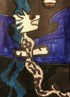 Drawing of a dragon with a black and blue background