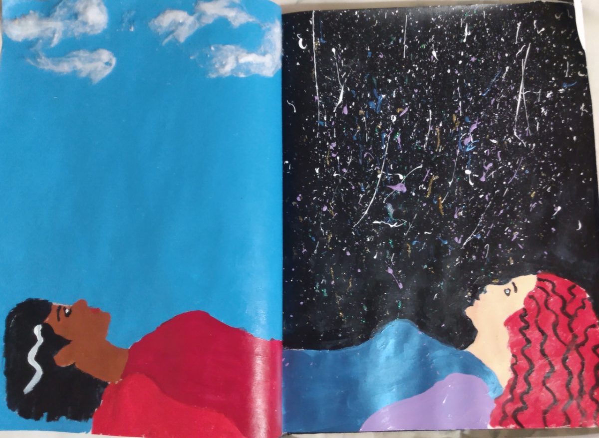 A painting of a black person looking up at a blue sky next to a white person looking up at a night sky