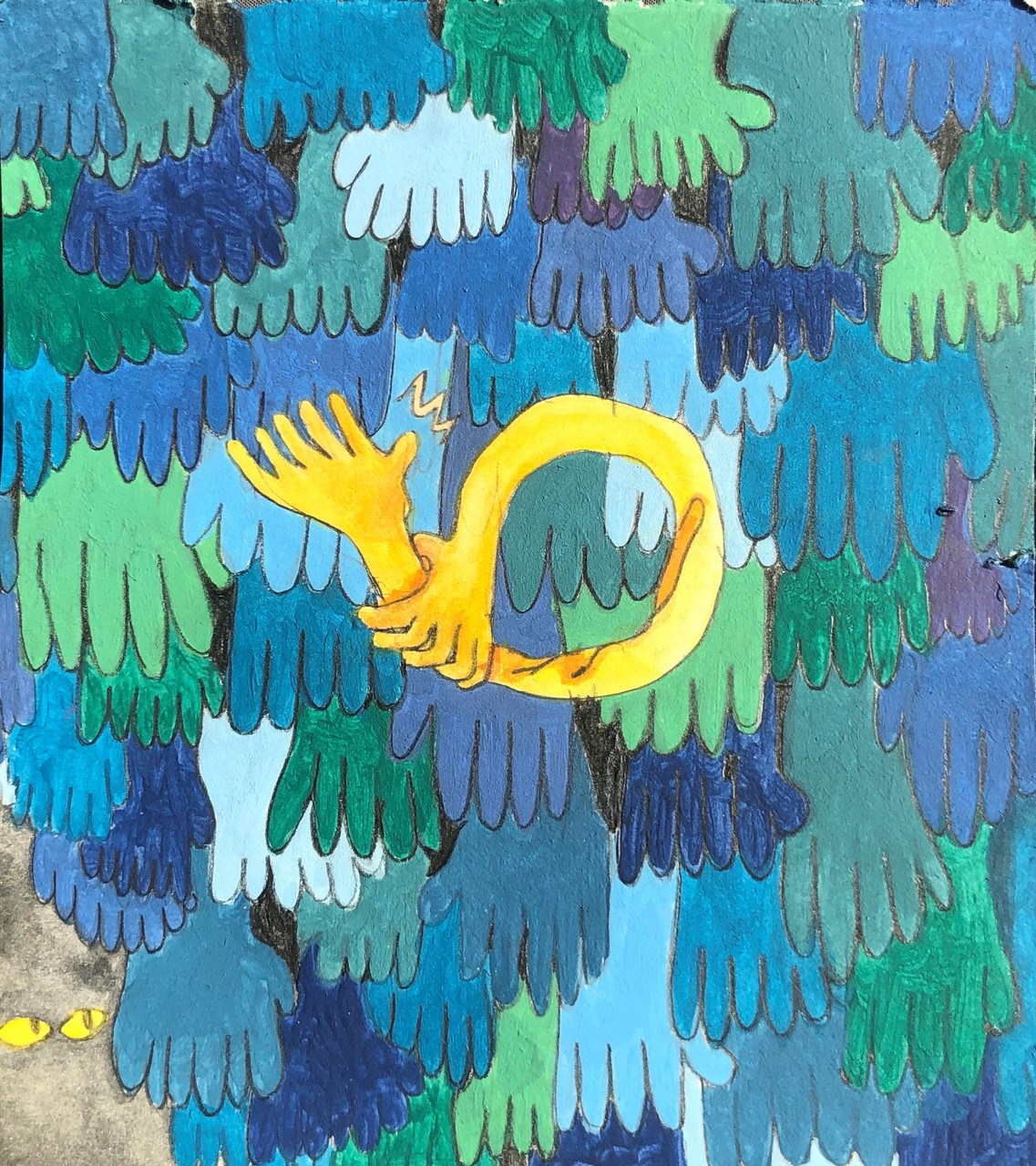 Yellow hand grading itself in front of a background of hands