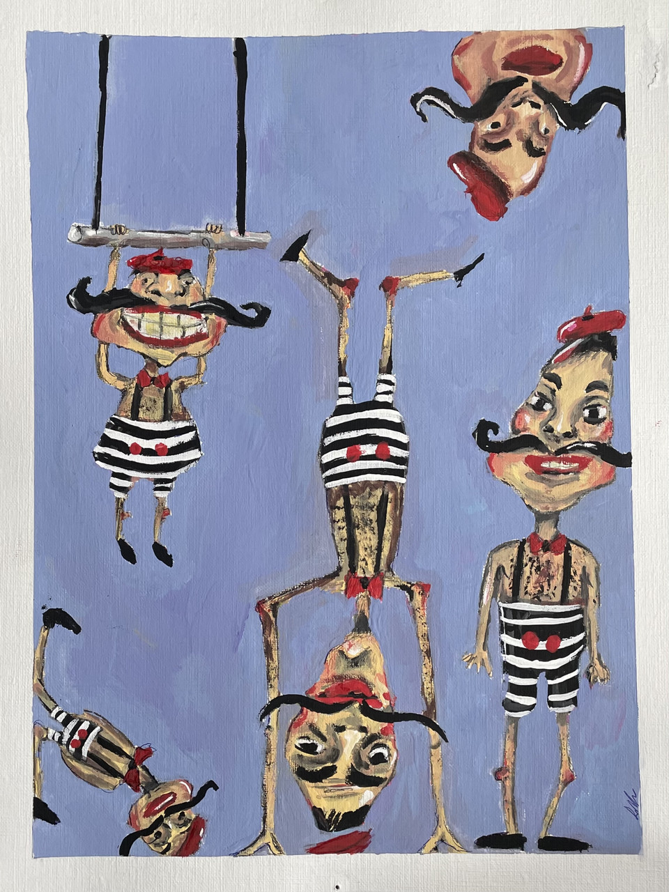 Men in striped suits and mustaches doing acrobatics