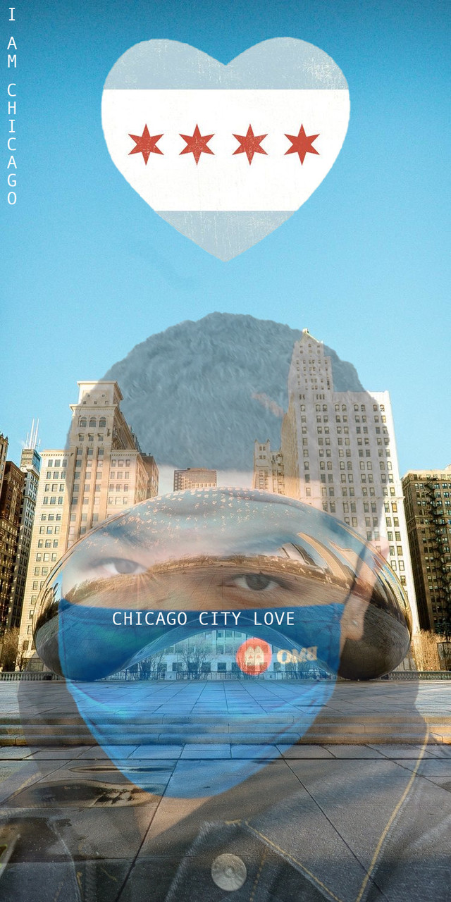 A person wearing a mask layered over the image of Chicago skyline