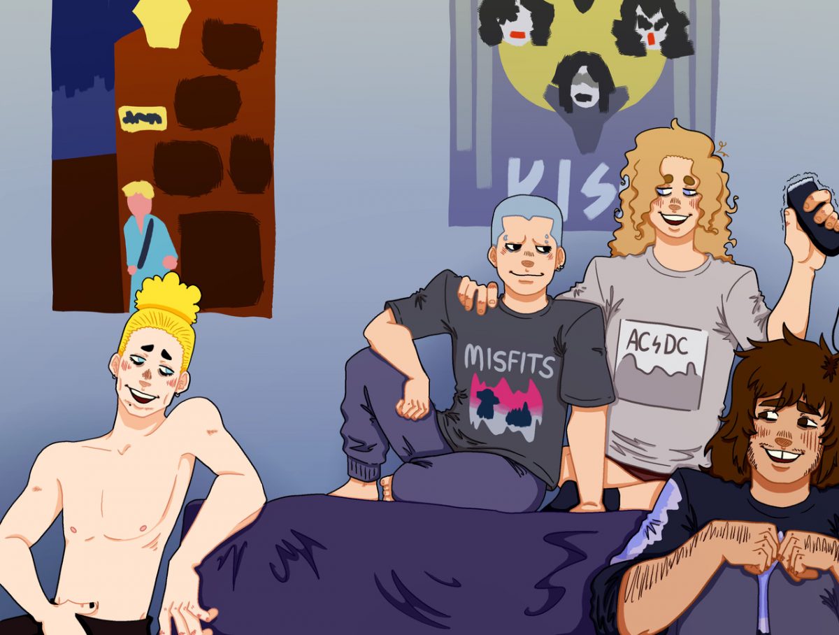 A digital artwork of four people sitting in a bedroom with posters on the wall