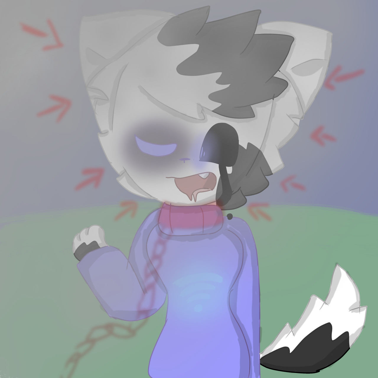 Digital illustration of a fox-like figure with a purple shirt