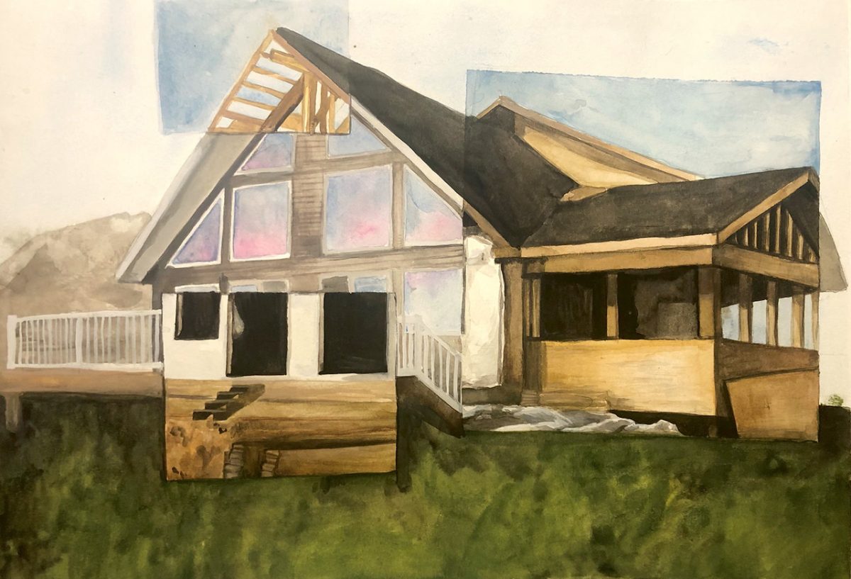 Watercolor painting of a house with the sunset reflecting from the windows