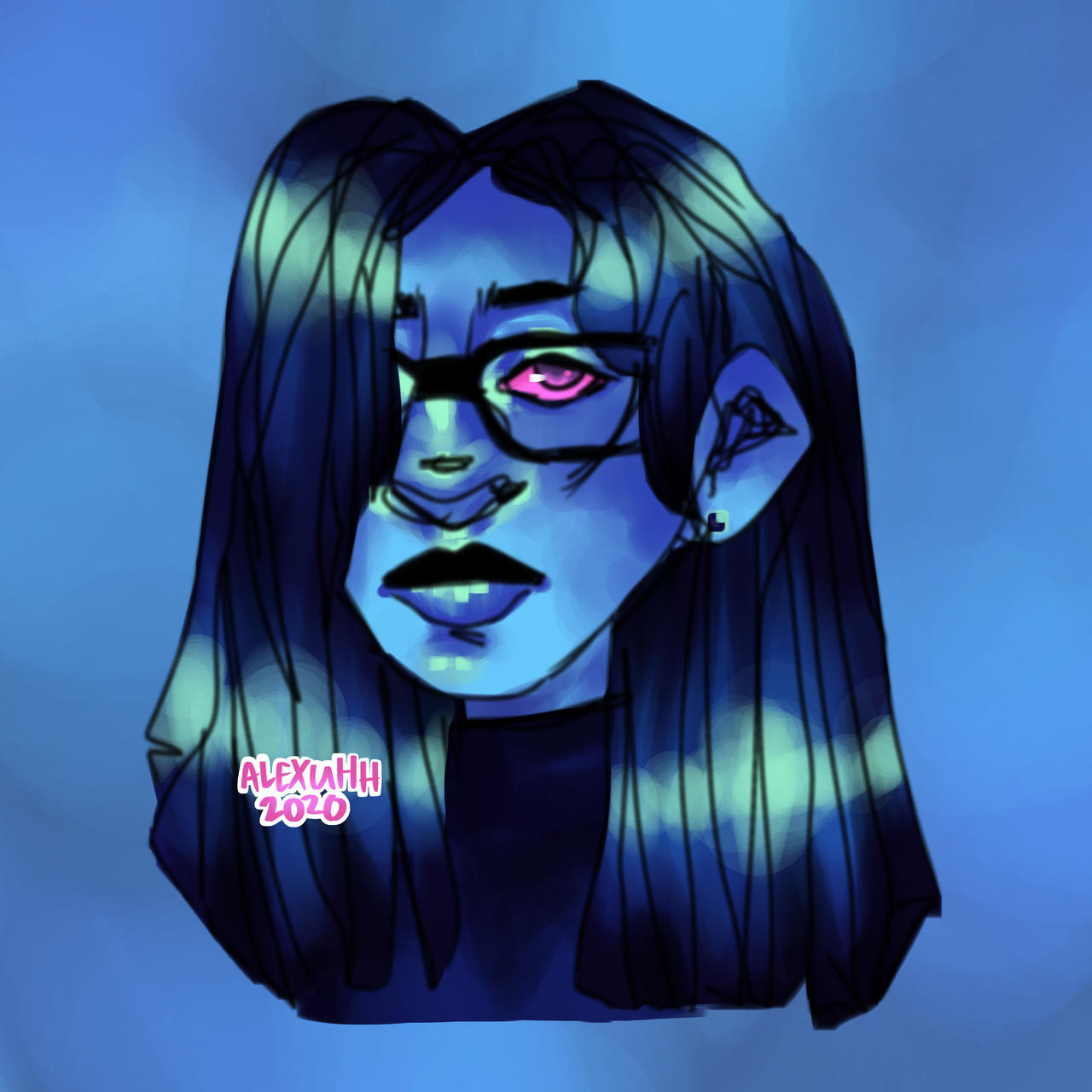 Digital drawing of person with long hair and glasses, in blue.