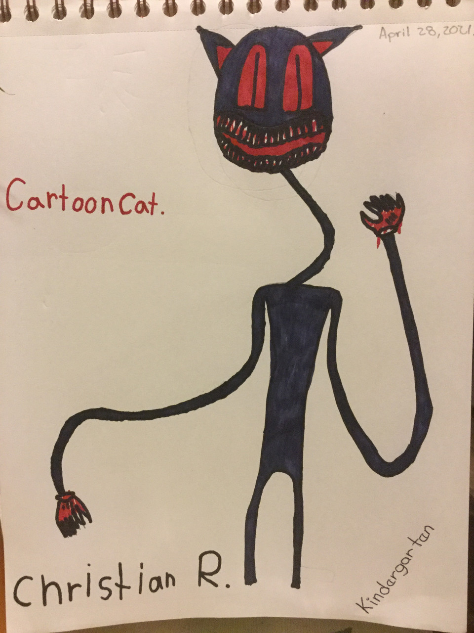 Drawing of a black cat with red eyes, and very long neck and arms.