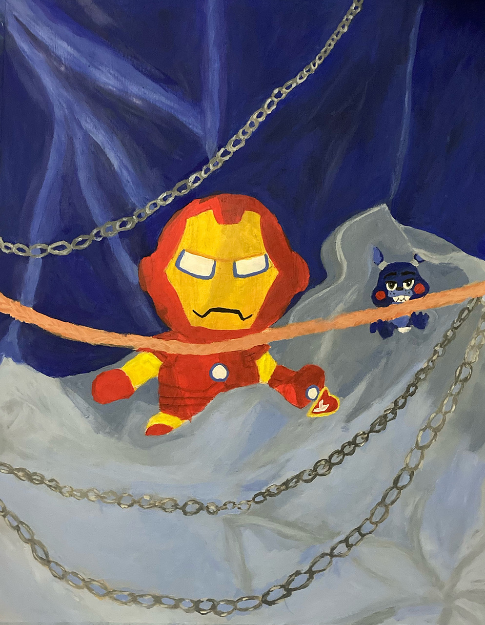 Painting of a still life including necklaces and an Iron Man doll