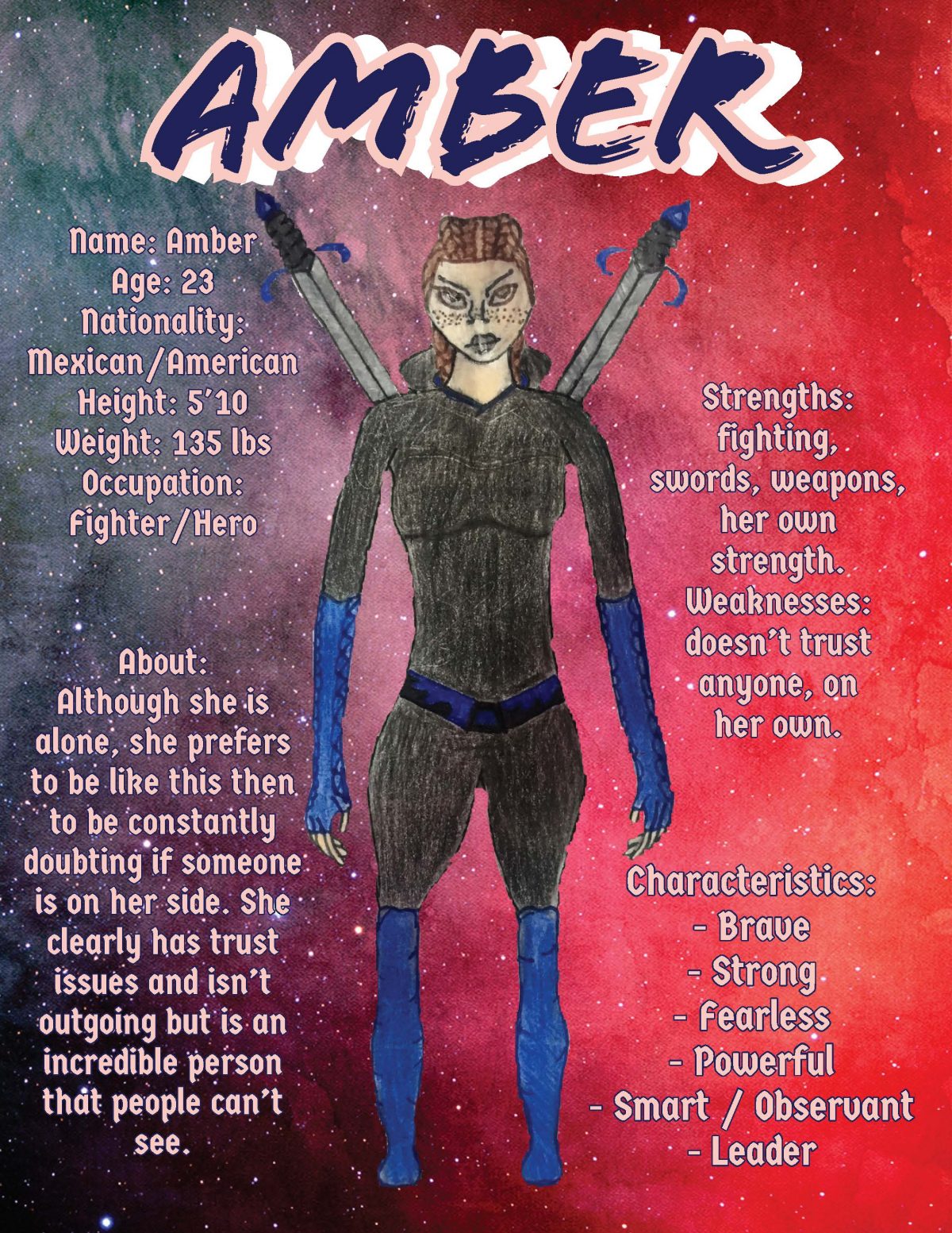 A female character in a black outfit and swords on her back with facts written all around her