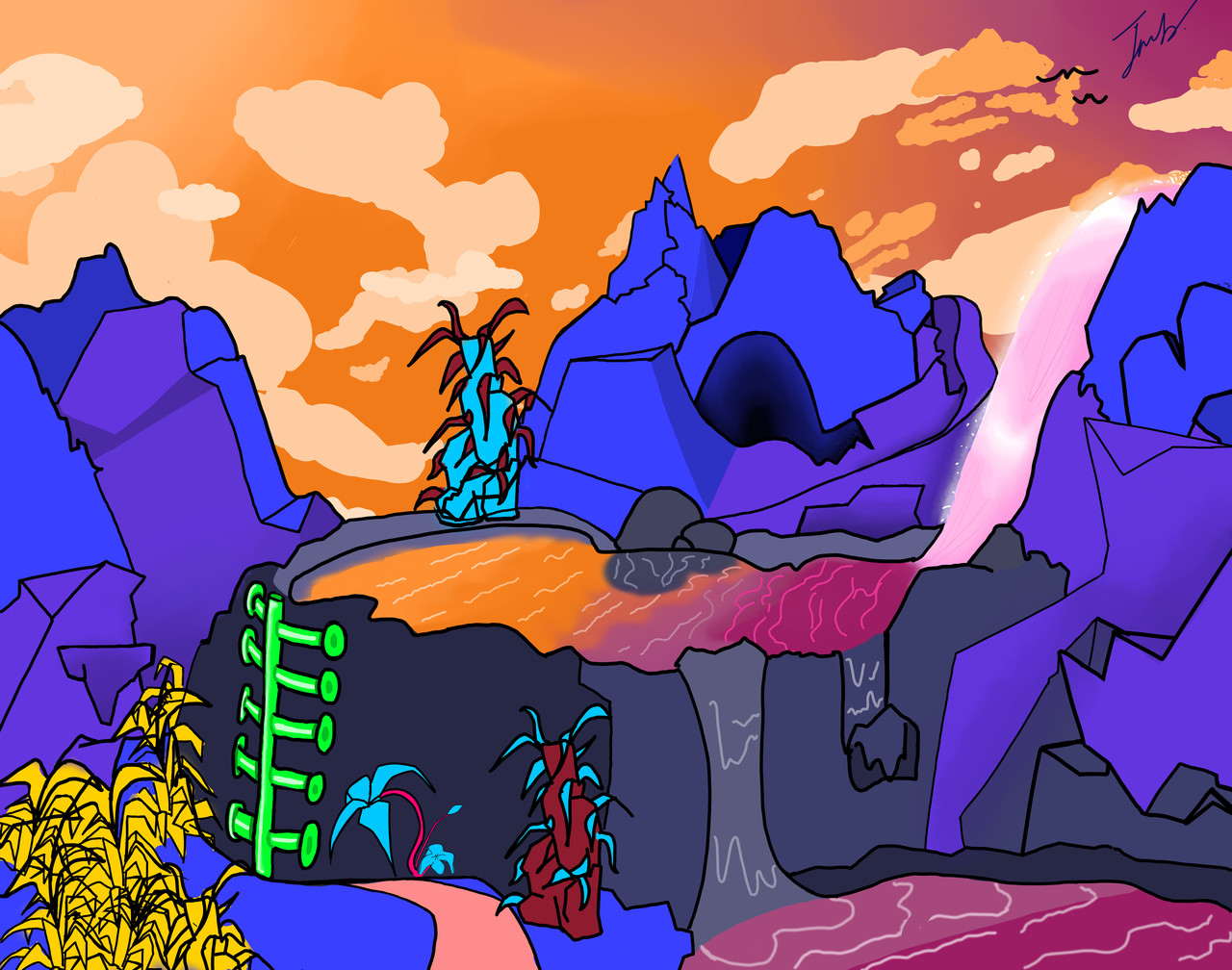 A colorful landscape with an orange sky and a purple cave in the distance