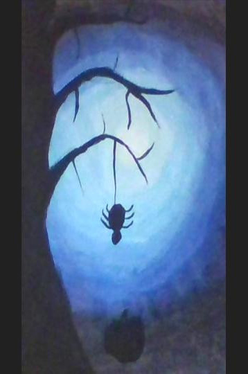 Painting of a spider coming down a tree with a moon with a blue gradient in the background