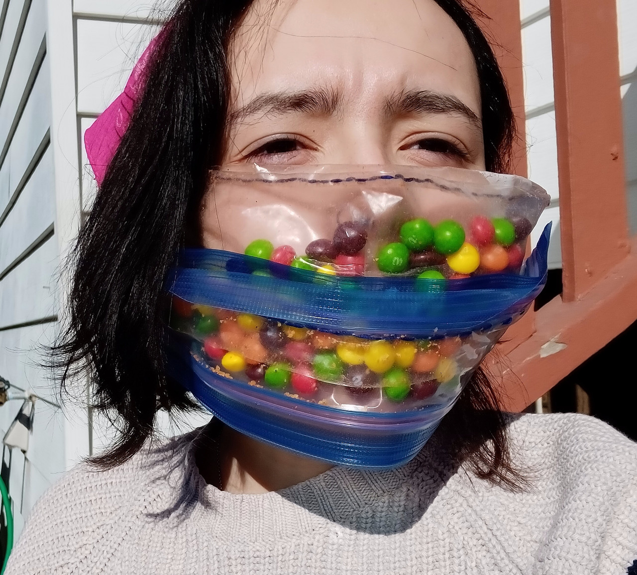 Mask made of Skittles and Ziploc bags