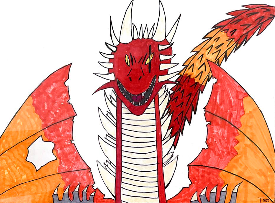Drawing of red and orange dragon