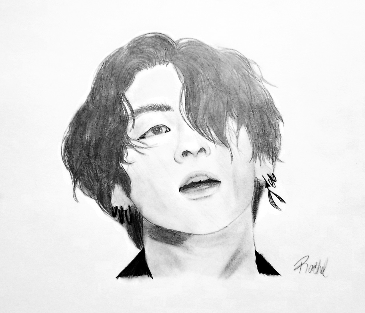 Pencil drawing of a boy with long hair and an earring