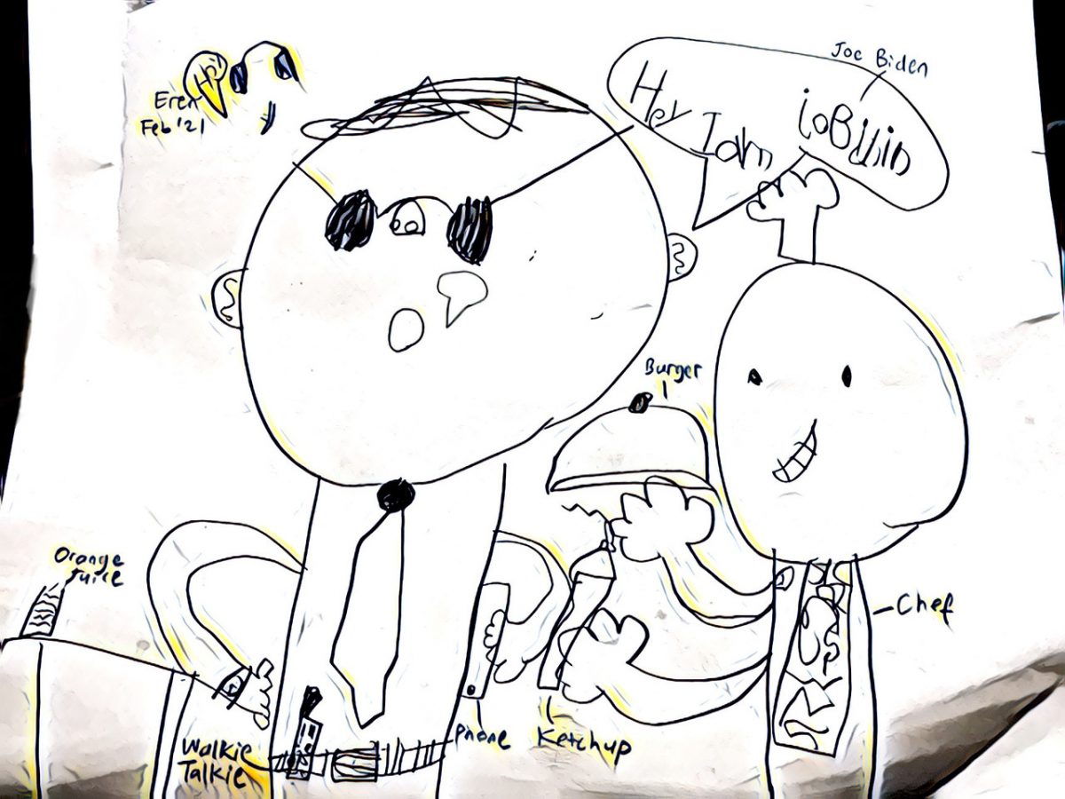 A pen drawing of two people, one of them Joe Biden with a tie and sunglasses on.