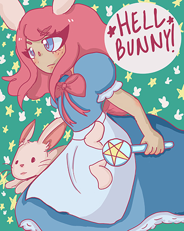 Rabbit person in blue alice in wonderland dress