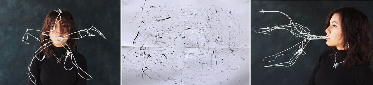 Wire hangers, duct tape, and ink on paper