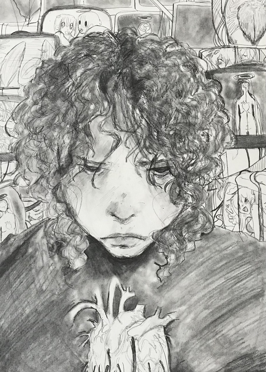 Black and white drawing of a person with curly hair