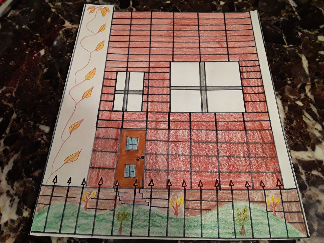 Drawing of a house with a fence and bushes