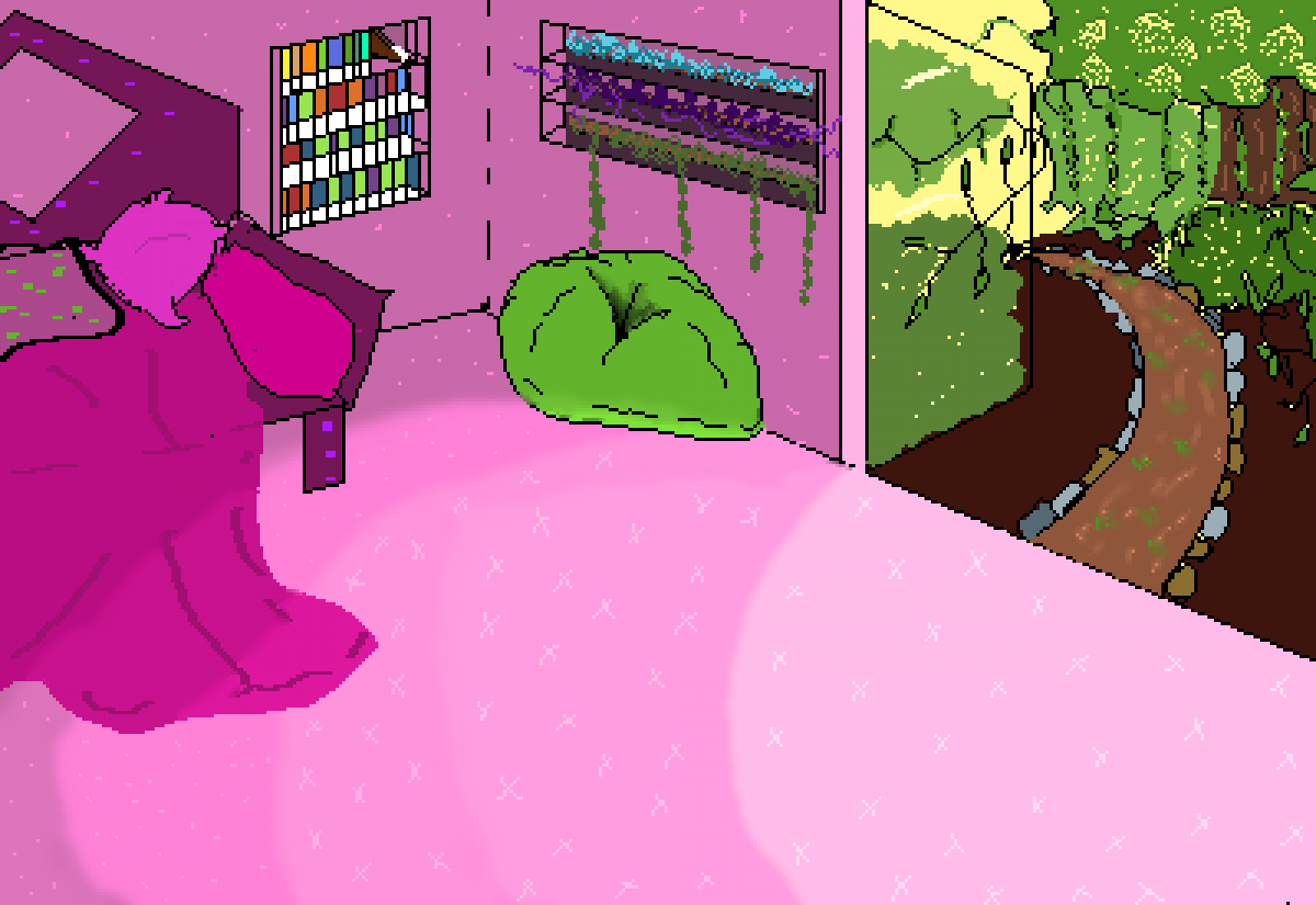 pink room with bed leading to a forest path.