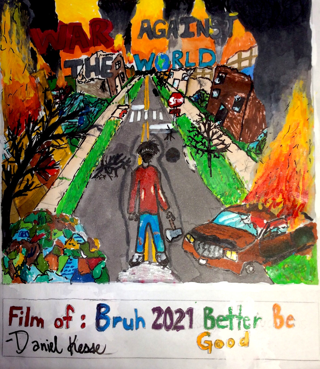 Painting of a boy walking down the street with cars on fire