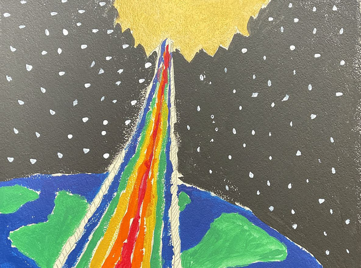 Painting of rainbow coming out of the sun in space, beaming down to the Earth.