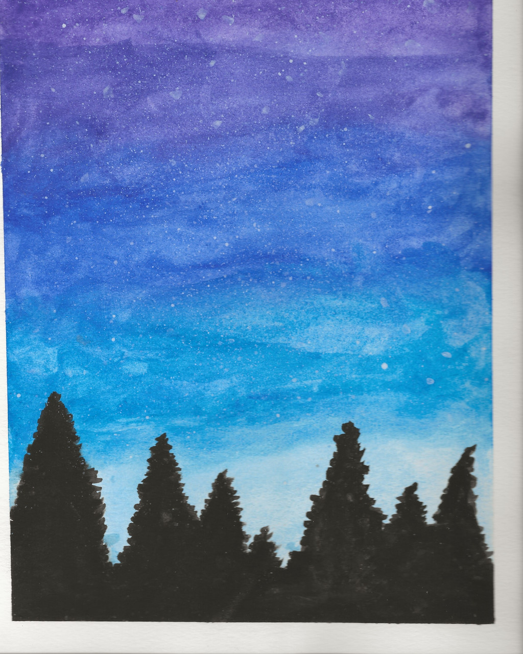 Watercolor of a night sky with trees