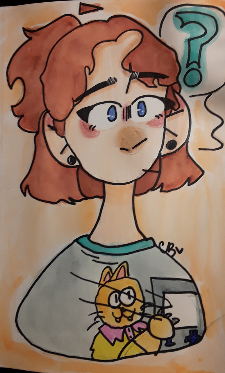 A painting of a girl with short hair and a question mark next to her head