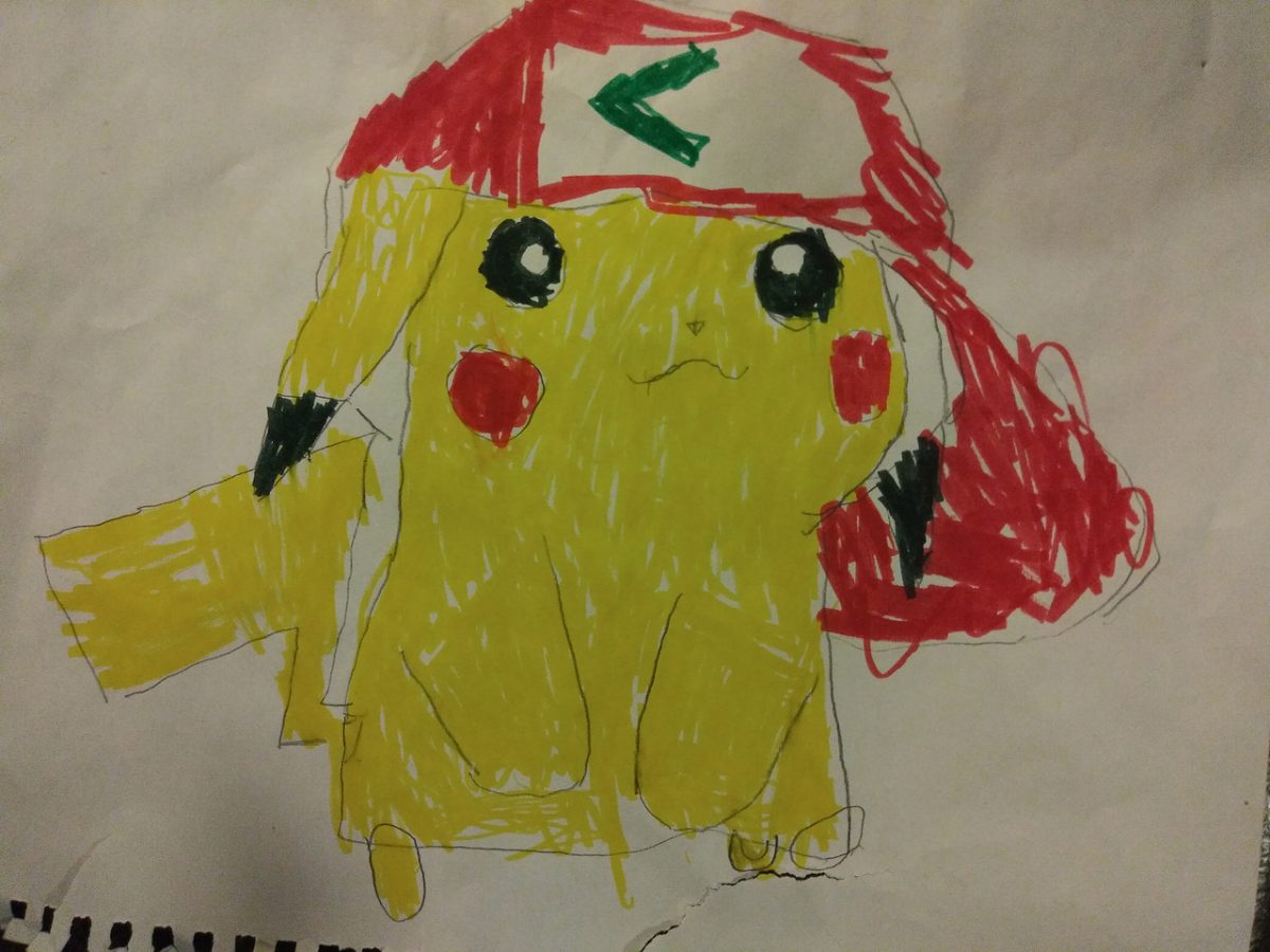 A drawing of pikachu with a red hat