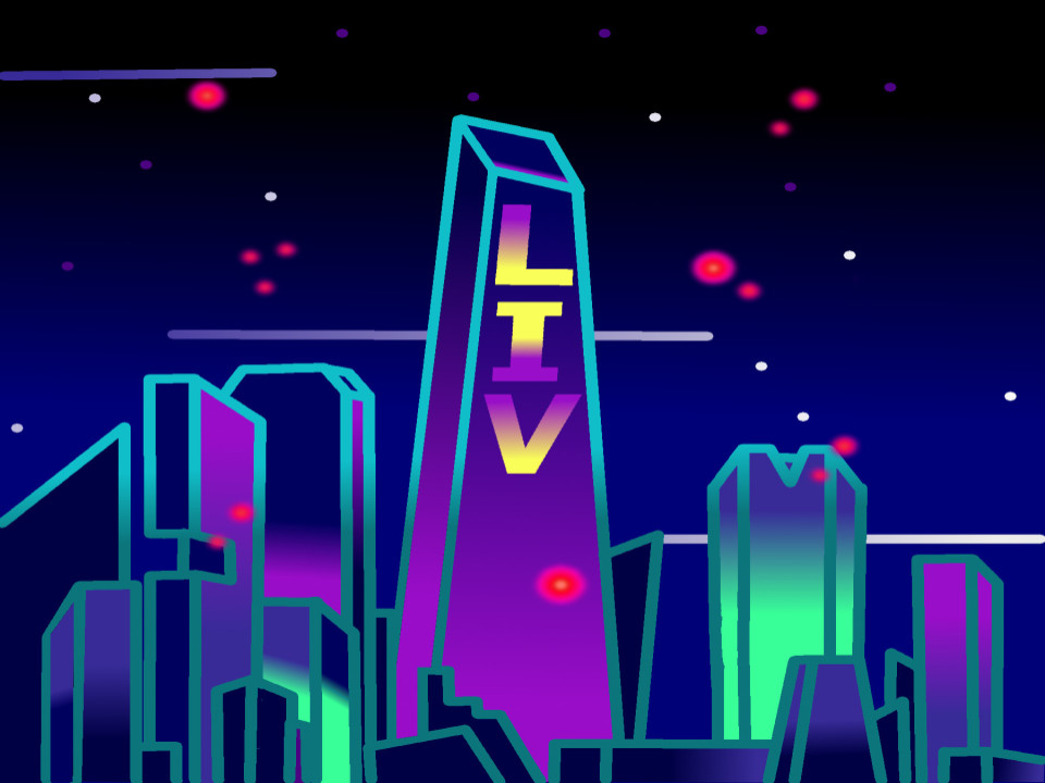 Digital drawing of building with "LIV" on it in a dark sky
