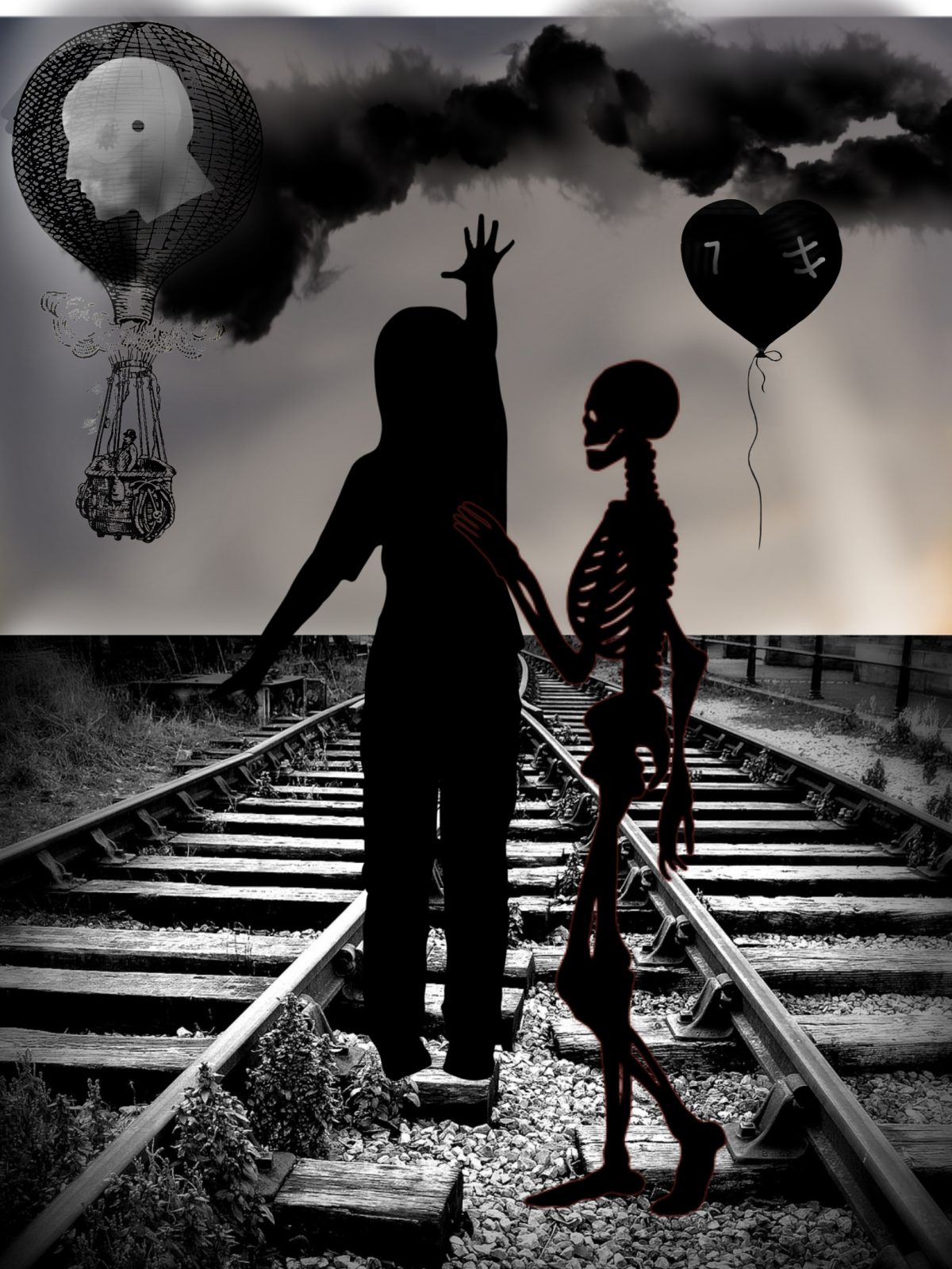 Black and white collage of a skeleton standing next to a person on train tracks