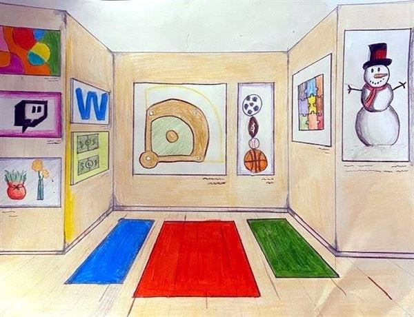 Drawing of a room with colorful carpets