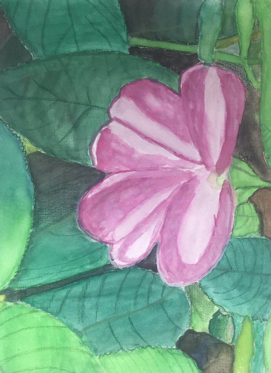 Painting of a pink flower with leaves