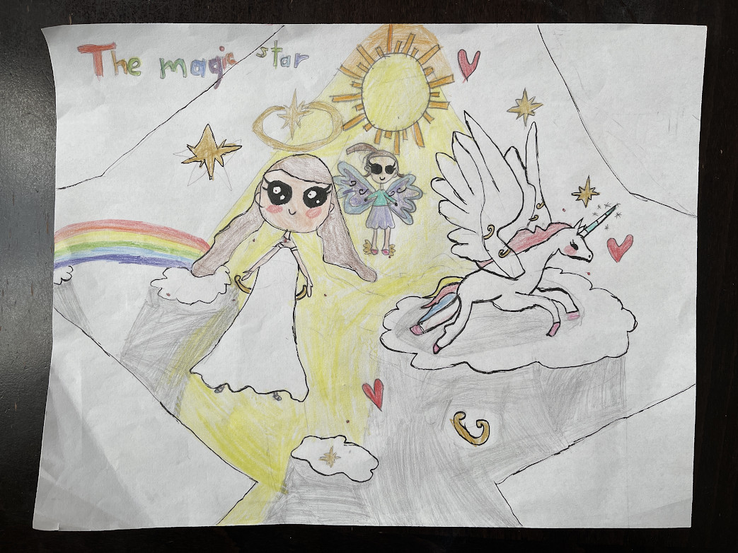 drawing of a girl by a rainbow and a flying unicorn