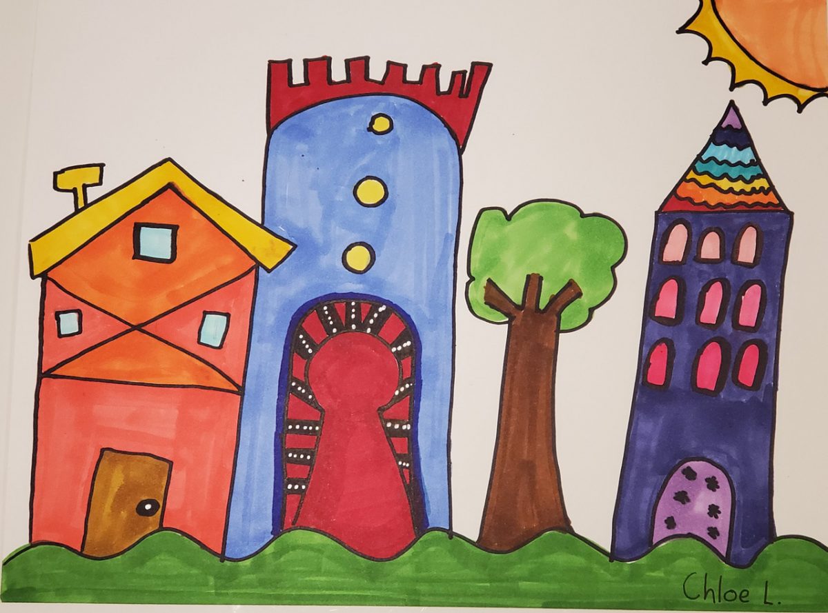 Drawing of 3 buildings and a tree.