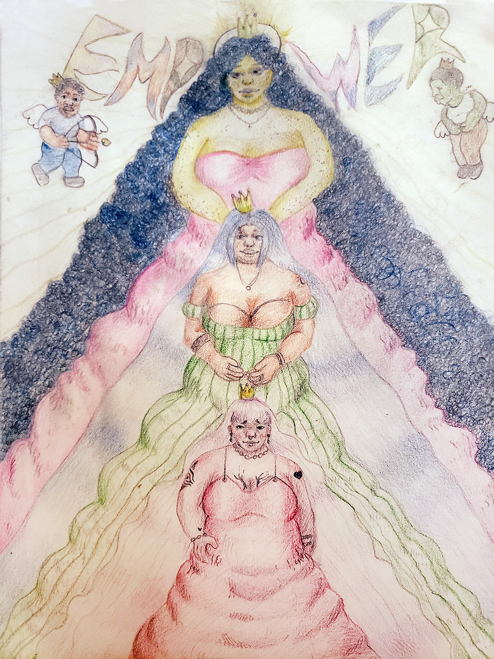Colorful drawing of four beautiful people on top of one another
