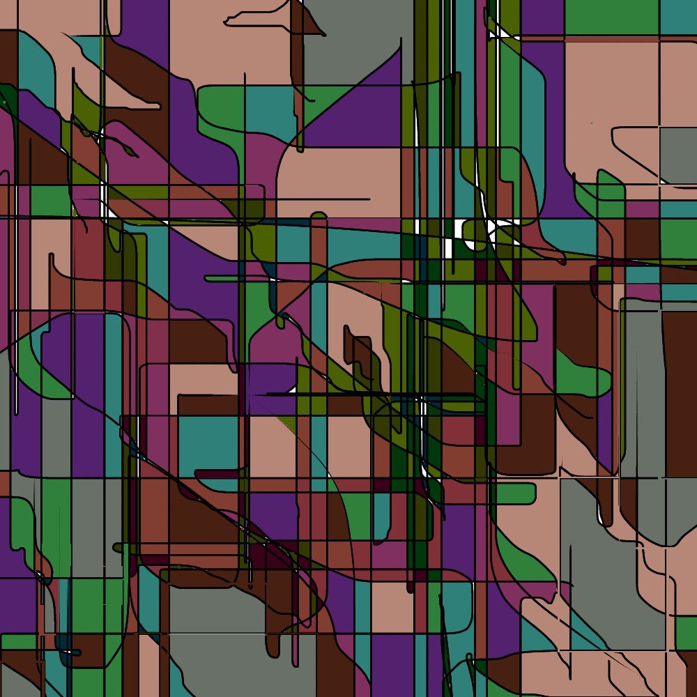 An abstract artwork with lines and shapes filled with purples and greens and other colors