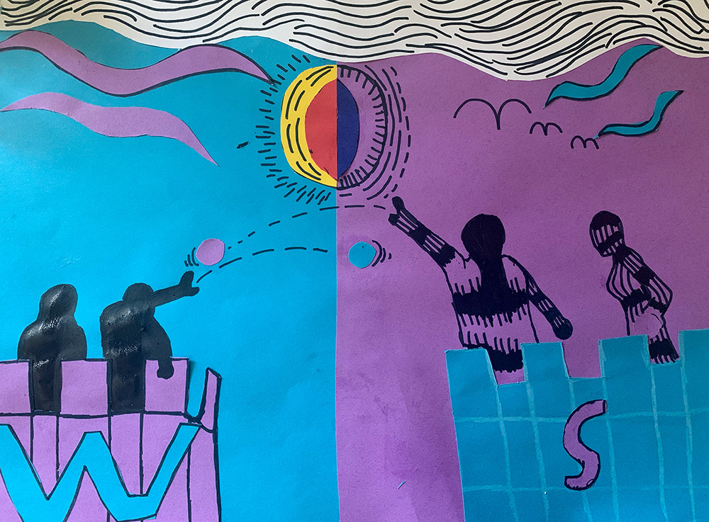 Cut paper collage of purple people throwing ball back and forth with blue people