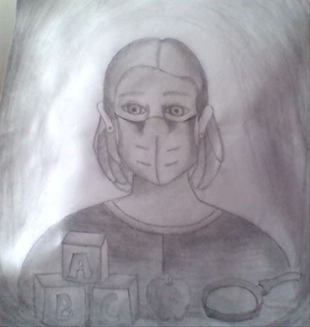 Graphite drawing of a woman in a mask