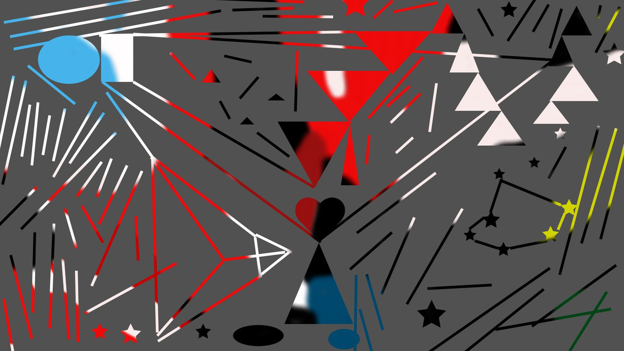 Digital drawing with red and blue shapes and lines