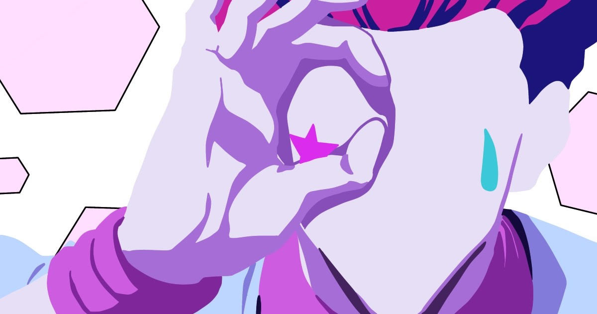 A purple person without a face holding their hand up making a circle with their fingers