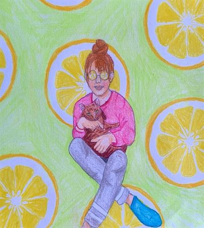 Drawing of a girl in ap ink shirt with lemons in the background