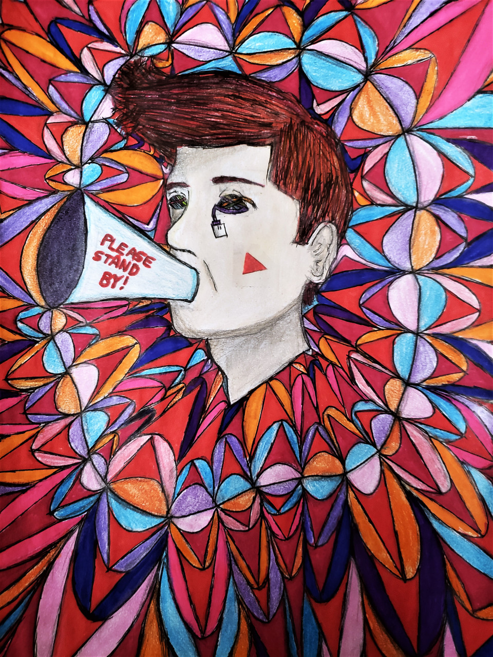 Drawing of person with megaphone that says "Please Stand By" surrounded by a kaleidoscopic pattern