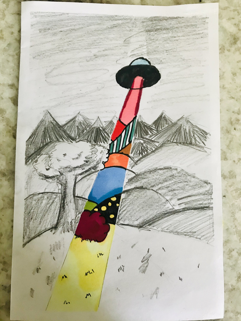 UFO with a colorful beam over a black and white drawing