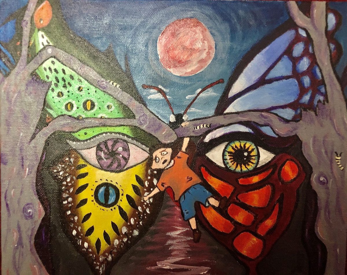 Painting of a butterfly with eyes and a boy