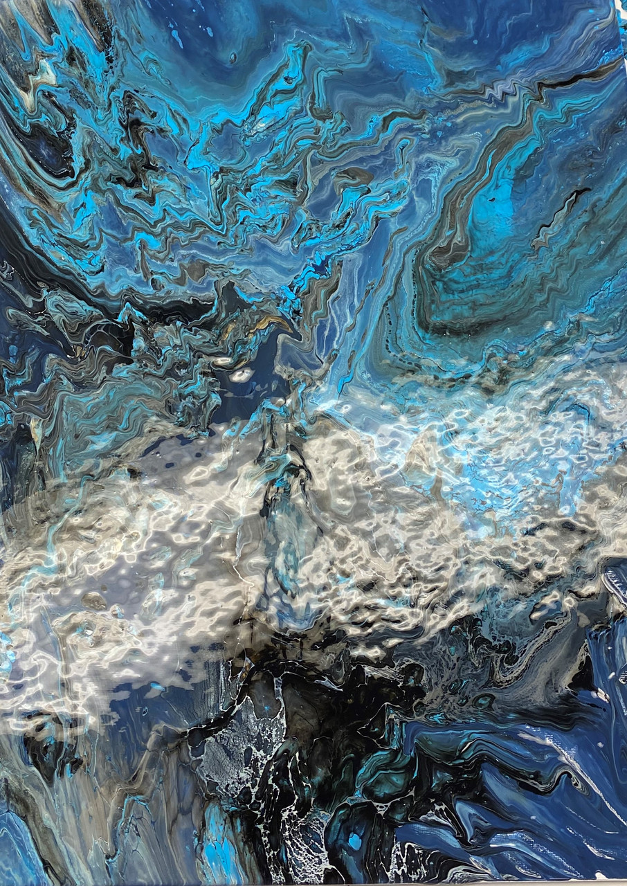 An abstract flow painting of different shades of blue