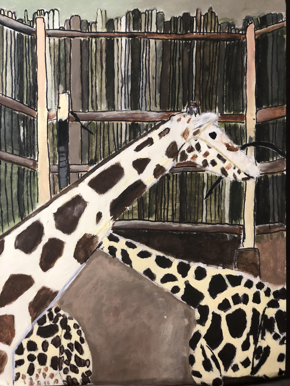 Painting of two giraffes in an enclosure