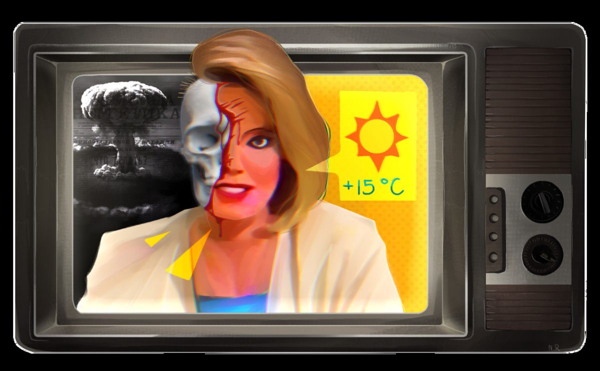Digital drawing of a news anchor - one side is sunny the other side is an xray