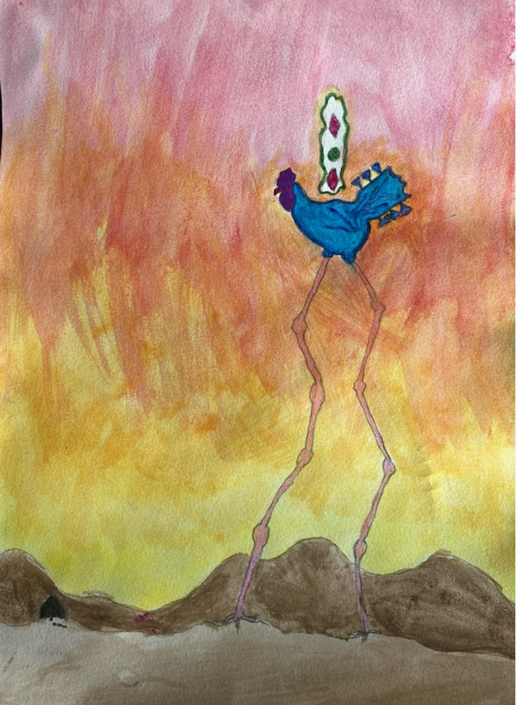 Colorful surrealist painting of a bird with long legs