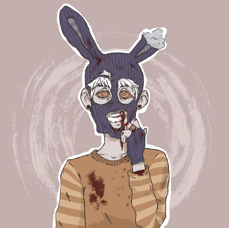 A portrait of a person wearing a bunny mask with blood on their shirt.
