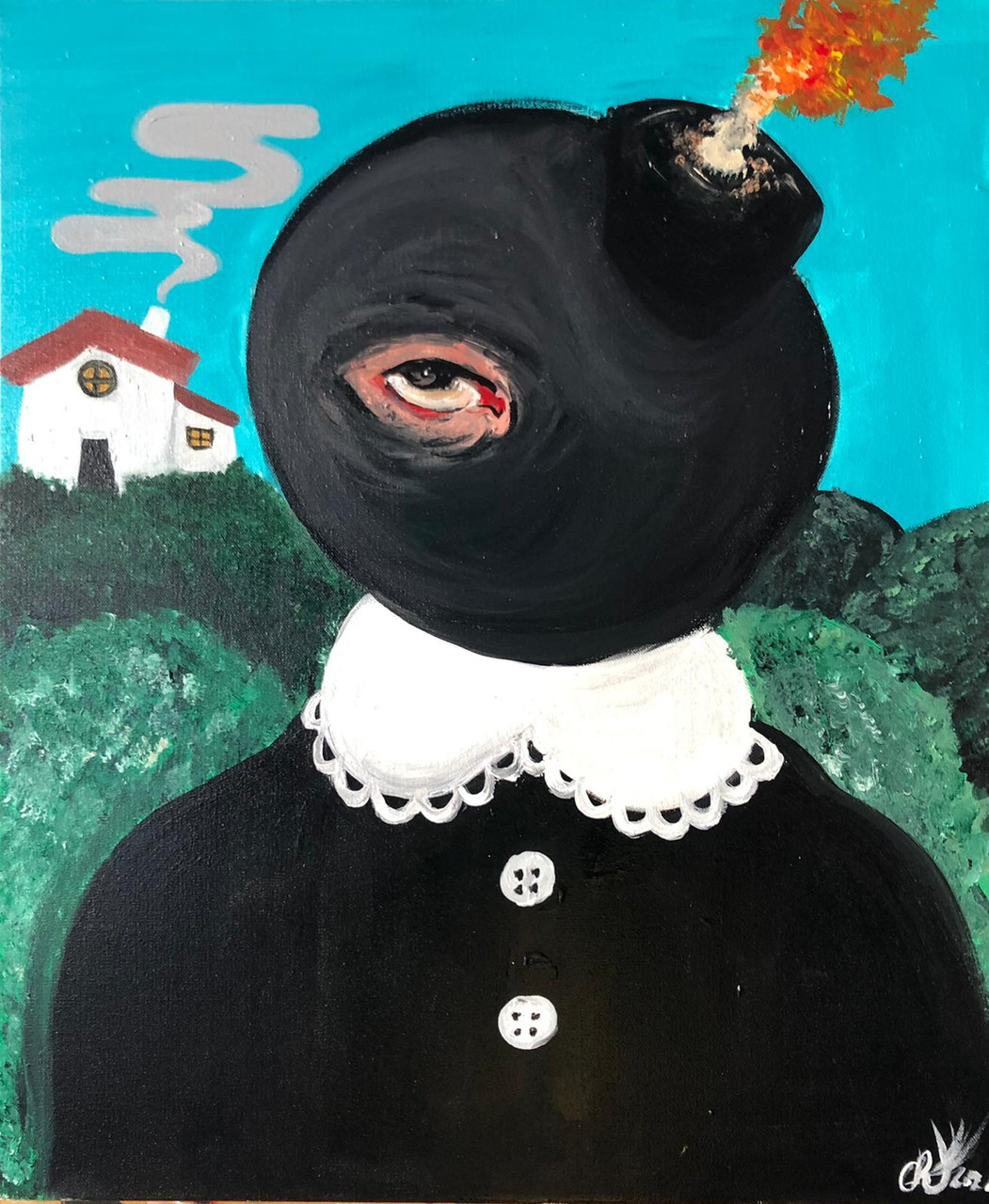 Painting of a person with a bomb as a head